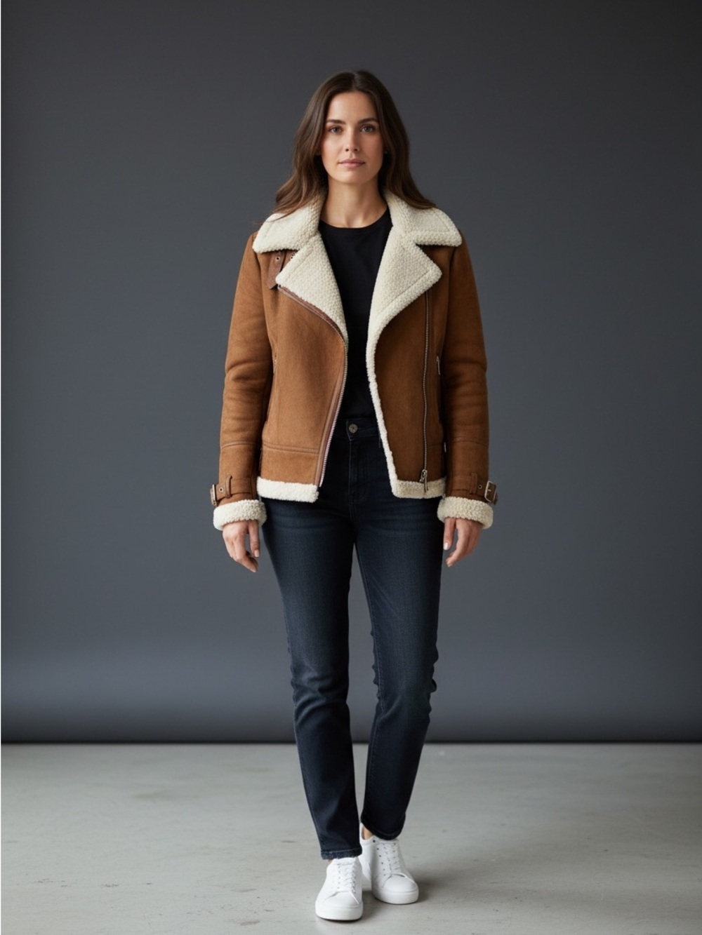 Zara Brown Shearling-Trim Bomber Jacket